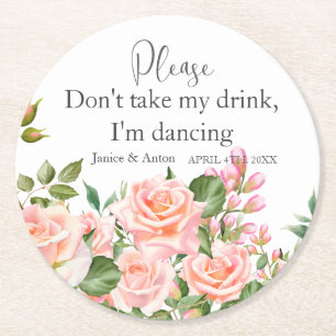 Dessous-de-verre Rond En Papier Script de Mariage botanique rose vif