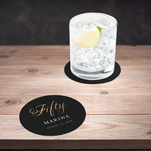 Dessous-de-verre Rond En Papier Script de nom en or noir 50e anniversaire