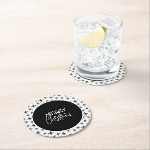 Dessous-de-verre Rond En Papier Script Joyeux Noël Flocons de neige noirs