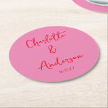 Dessous-de-verre Rond En Papier Script manuscrit Whimsy Rose Rouge Personnalisé Ma<br><div class="desc">Script manuscrit Quirky Whimsy Mariage Dessous de verre papier rond personnalisé en rose et rouge</div>