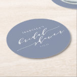 Dessous-de-verre Rond En Papier Script minimaliste moderne Fête des mariées bleue<br><div class="desc">Dessous de verre en papier de Fête des mariées minimaliste personnalisé en bleu gris</div>