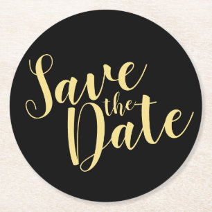 Dessous-de-verre Rond En Papier Script moderne Mariage noir et or Sauvez la date