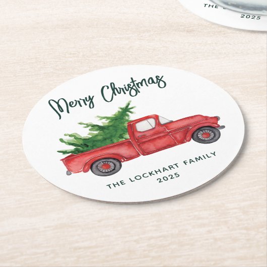 Dessous-de-verre Rond En Papier Script moderne Noël Red Truck Holiday Custom (Incliné)