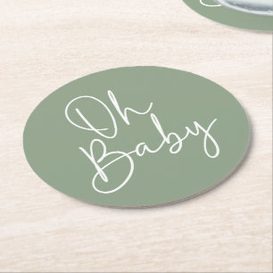 Dessous-de-verre Rond En Papier Script moderne Sage Oh Baby Baby shower simple