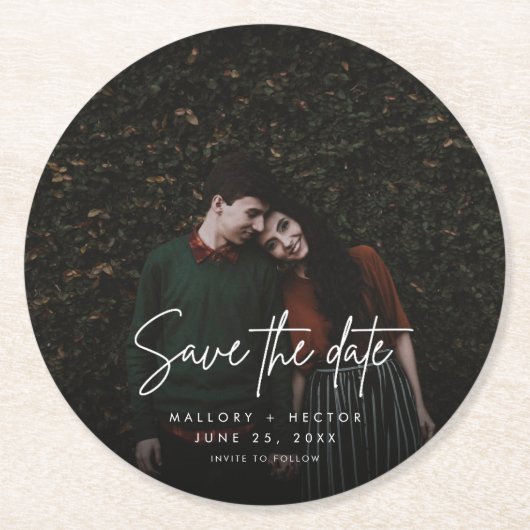 Dessous-de-verre Rond En Papier Script photo moderne Mariage unique Enregistrer la (Devant)