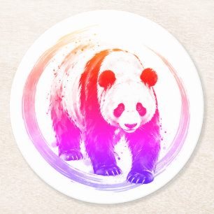 Dessous-de-verre Rond En Papier Série Nishiki - Panda marchant Neon Sumi-e
