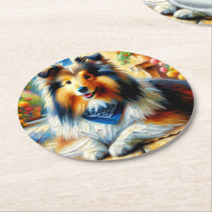 Dessous-de-verre Rond En Papier Shetland Sheepdog dans une scène de jardin de cott