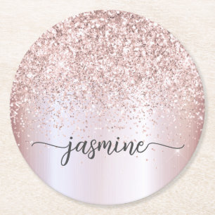 Dessous-de-verre Rond En Papier Signature de nom monogramme pailleté or rose éléga
