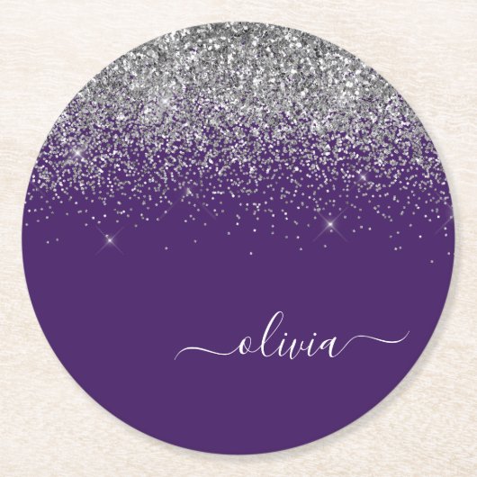 Dessous-de-verre Rond En Papier Silver Purple Parties scintillant Girl Monogramme (Devant)