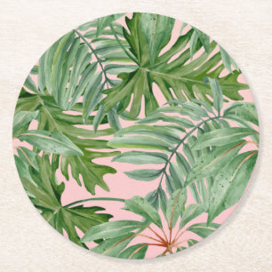 Dessous-de-verre Rond En Papier Simple moderne Pink Palm Leaf Tropical Floral