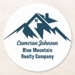 Dessous-de-verre Rond En Papier Société immobilière Mountain Marketing personnalis<br><div class="desc">Un cool chaîne de montagnes de l'immobilier de société papier dessous de verre pour une entreprise immobilière située dans une ville ou une ville montagneuse. Le nom du royaume est écrit en écriture bleu marine sous la maison au milieu des montagnes. Excellent article de marketing pour un constructeur de maisons...</div>