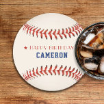 Dessous-de-verre Rond En Papier Soirée de baseball Sport joyeuse fête d'anniversai<br><div class="desc">Dessous de verre rond rouge blanc et bleu baseball / softball joyeux fête d'anniversaire. Personnalisez-le avec votre nom. Idéal pour les amateurs de sport ou les athlètes.</div>