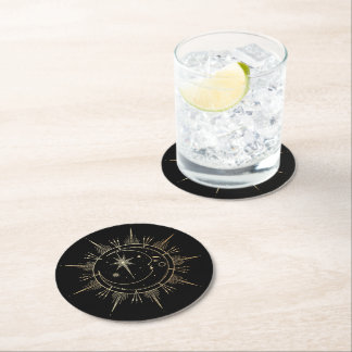 Dessous-de-verre Rond En Papier Soleil et Lune Stars Celestin Faux Gold Black