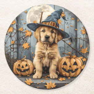Dessous-de-verre Rond En Papier Sorcière d'Halloween chiot Retriever doré citrouil
