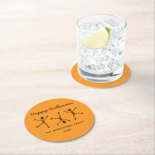 Dessous-de-verre Rond En Papier Squelette dessiné à la main noir et orange Joyeux