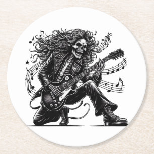 Dessous-de-verre Rond En Papier Squelette Dynamique Rockstar Jouer Guitare Électri