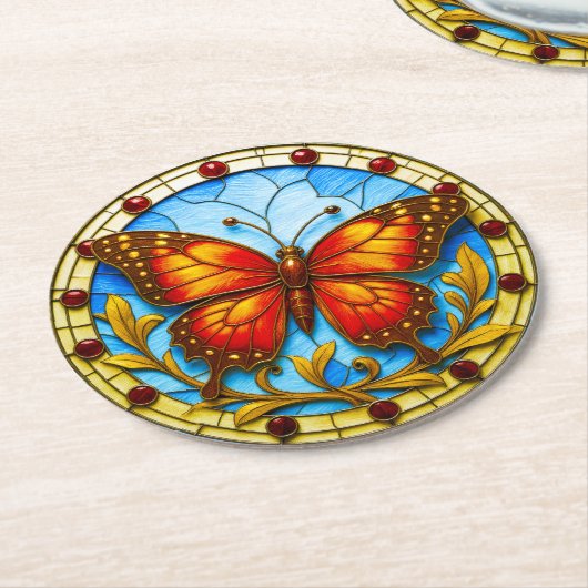 Dessous-de-verre Rond En Papier Stained glass window butterfly (Incliné)