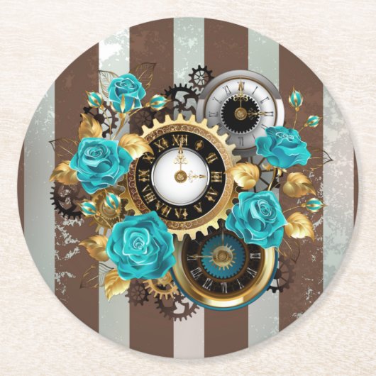 Dessous-de-verre Rond En Papier Steampunk Clock and Turquoise Roses on Striped (Devant)