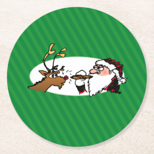 Dessous-de-verre Rond En Papier Stogie Père Noël et Reindeer sur Green Stripes