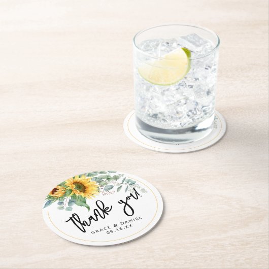 Dessous-de-verre Rond En Papier Sunflower Eucalyptus Merci mariage Faveur (En situation)