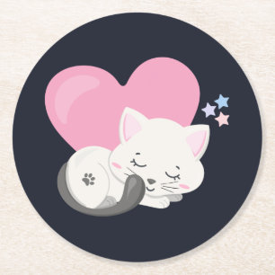 Dessous-de-verre Rond En Papier Sweet Kitty Chat Dormir avec un grand coeur rose