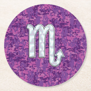 Dessous-de-verre Rond En Papier Symbole Zodiaque Scorpio sur Camo numérique rose