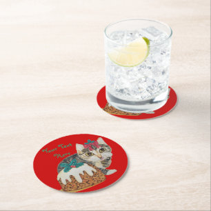 Dessous-de-verre Rond En Papier tablette gris chaton en lèche pattes noël