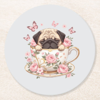 Dessous-de-verre Rond En Papier Tapis de verre Pug Blossom Dreams – Boisson mignon