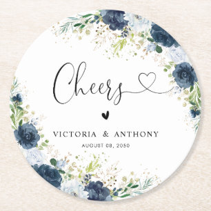 Dessous-de-verre Rond En Papier Tapisserie de mariage bleu marine florale Rond