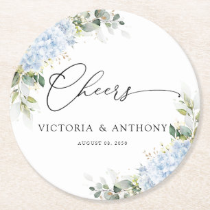 Dessous-de-verre Rond En Papier Tapisserie Fleurie de Hortensia Bleu pour Mariage