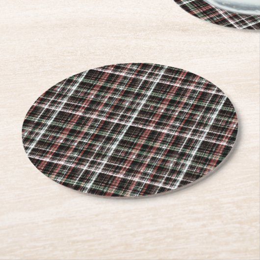Dessous-de-verre Rond En Papier Tartan de Noël texturé. (Incliné)