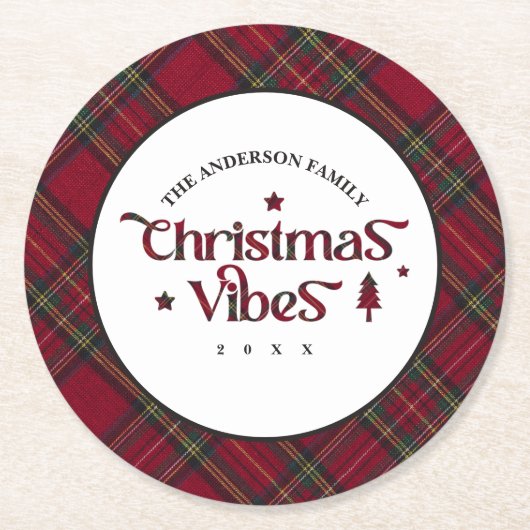 Dessous-de-verre Rond En Papier Tartan Treasures : Vibes de Noël rétro (Devant)