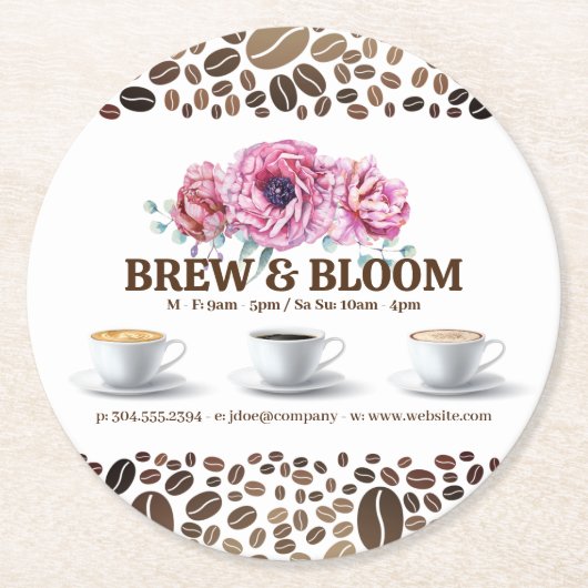 Dessous-de-verre Rond En Papier Tasses à café et fleurs (Devant)