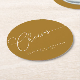 Dessous-de-verre Rond En Papier Tchèque Minimal Moutarde Or Script Mariage Personn