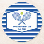 Dessous-de-verre Rond En Papier Tennis sur mesure Country Club Bleu rayé<br><div class="desc">Cet élégant dessous de verre de club de campagne moderne comprend des raquettes de tennis et un ballon au-dessus de votre nom d'équipe de tennis et date établie. Dessous de verre rayés bleus et blancs pour vos joueurs de tennis et membres du club de pays.</div>