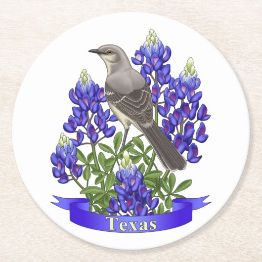 Dessous-de-verre Rond En Papier Texas State Mockingbird & Bluebonnet Flower (Devant)