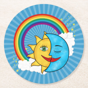 Dessous-de-verre Rond En Papier Thème céleste Soleil Lune Arc-en-ciel