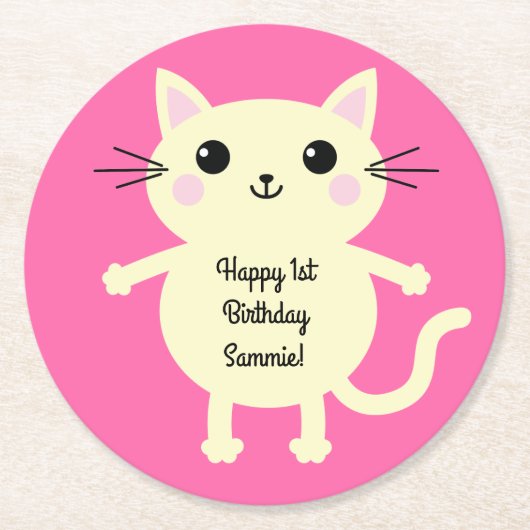 Dessous-de-verre Rond En Papier Thème de fête d'anniversaire de Cat Cute Kitty (Devant)