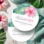 Dessous-de-verre Rond En Papier Thème tropical Baby shower fille<br><div class="desc">Ce charmant ensemble de dessous de verre de baby showers est orné d'une délicate bordure de fleurs d'hibiscus tropicaux aux aquarelles roses douces et de feuilles luxuriants de palmiers monstères, évoquant l'esprit d'un paradis tropical. Emblâmés de l'expression design "Aloha Baby", ces dessous de verre mêlent typographie contemporaine et accueil chaleureux....</div>