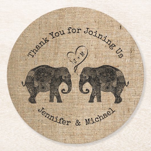 Dessous-de-verre Rond En Papier TONNES D'AMOUR | Elephant Couple Mariage Faveur (Devant)