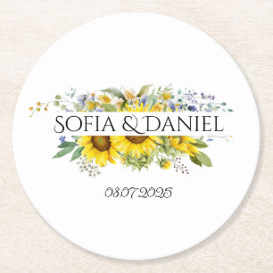 Dessous-de-verre Rond En Papier Tournesol bleu fleur sauvage mariage blanc