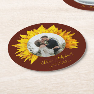 Dessous-de-verre Rond En Papier Tournesol photo mariage rustique enregistrer la da