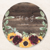 Dessous-de-verre Rond En Papier Tournesol Roses Grange bois Monogramme Mariage (Devant)