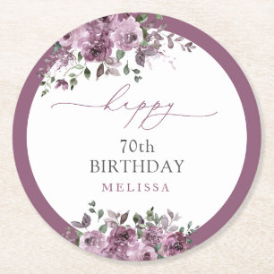 Dessous-de-verre Rond En Papier Tout âge Anniversaire Fête Élégant Violet Roses