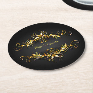 Dessous-de-verre Rond En Papier Trame Gold Scroll Joyeux Nouvel An Texte 20xx