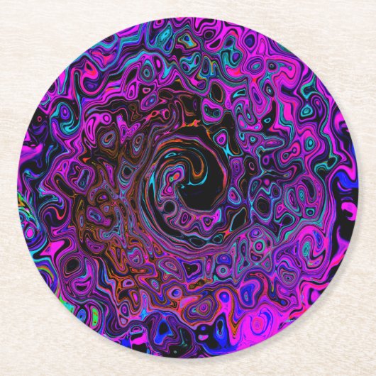 Dessous-de-verre Rond En Papier Trippy Black et Magenta Retro Liquid Swirl (Devant)