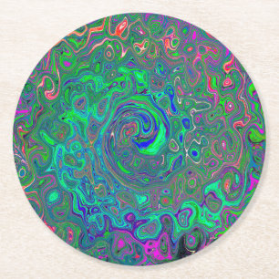 Dessous-de-verre Rond En Papier Trippy Chartreuse et Blue Retro Liquid Swirl