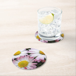 Dessous-de-verre Rond En Papier Trois marguerites rose et blanc