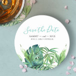 Dessous-de-verre Rond En Papier Tropical Beach Destination Wedding Enregistrer la<br><div class="desc">Annoncez votre fiançailles avec mon boho tropical chic enregistrer nos dessous de verre de date avec Save the Date dans un style de typographie script tendance qui évoque l'apparence de lettrage manuel. Cette carte simple comporte une réplique de mon paume vert aquarelle peint à la main et de feuilles monstres...</div>