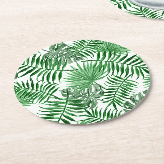 Dessous-de-verre Rond En Papier Tropical Green Palm Feuille Summer Art Motif (Incliné)
